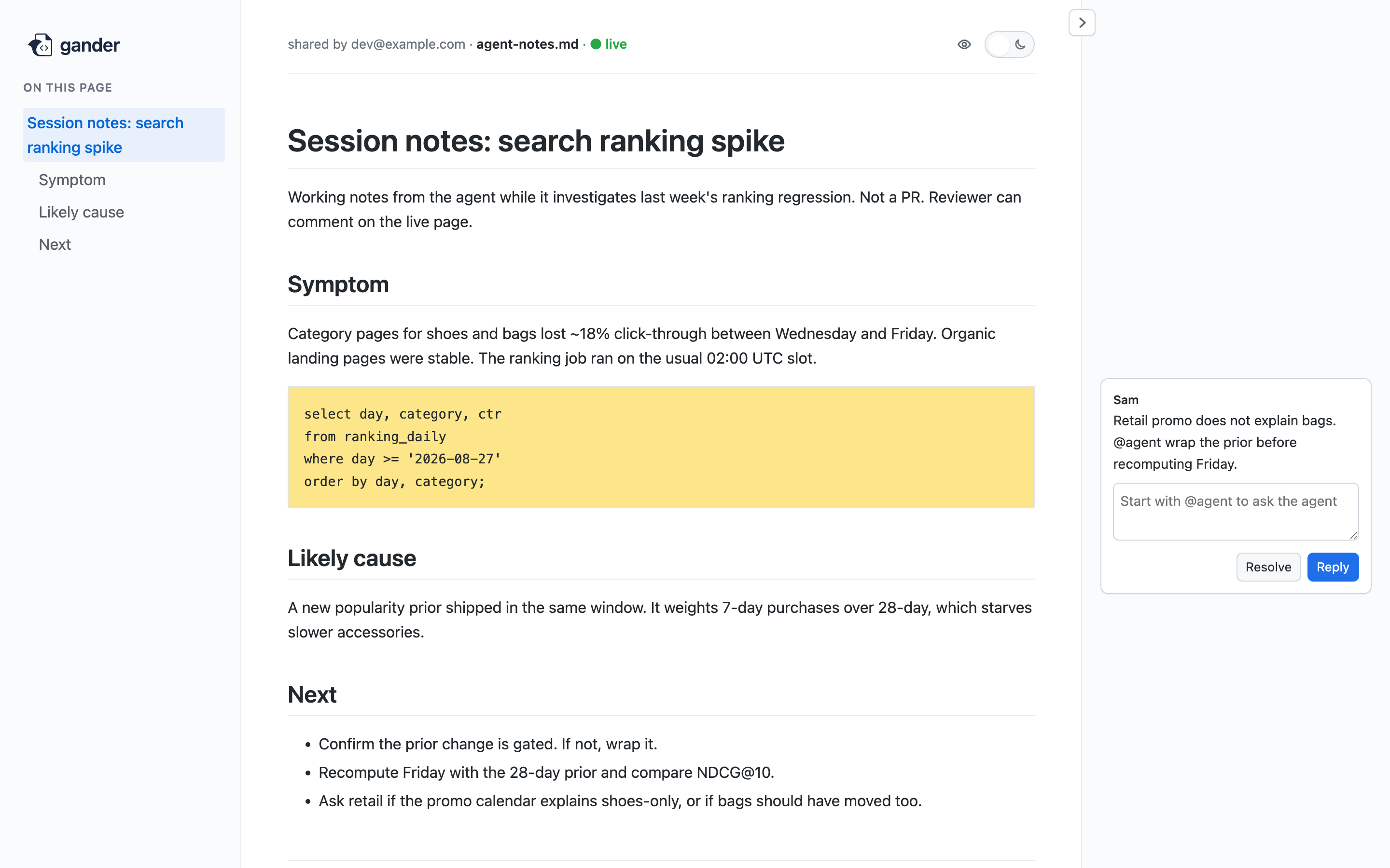 Reviewer view: live markdown, a comment thread, no install